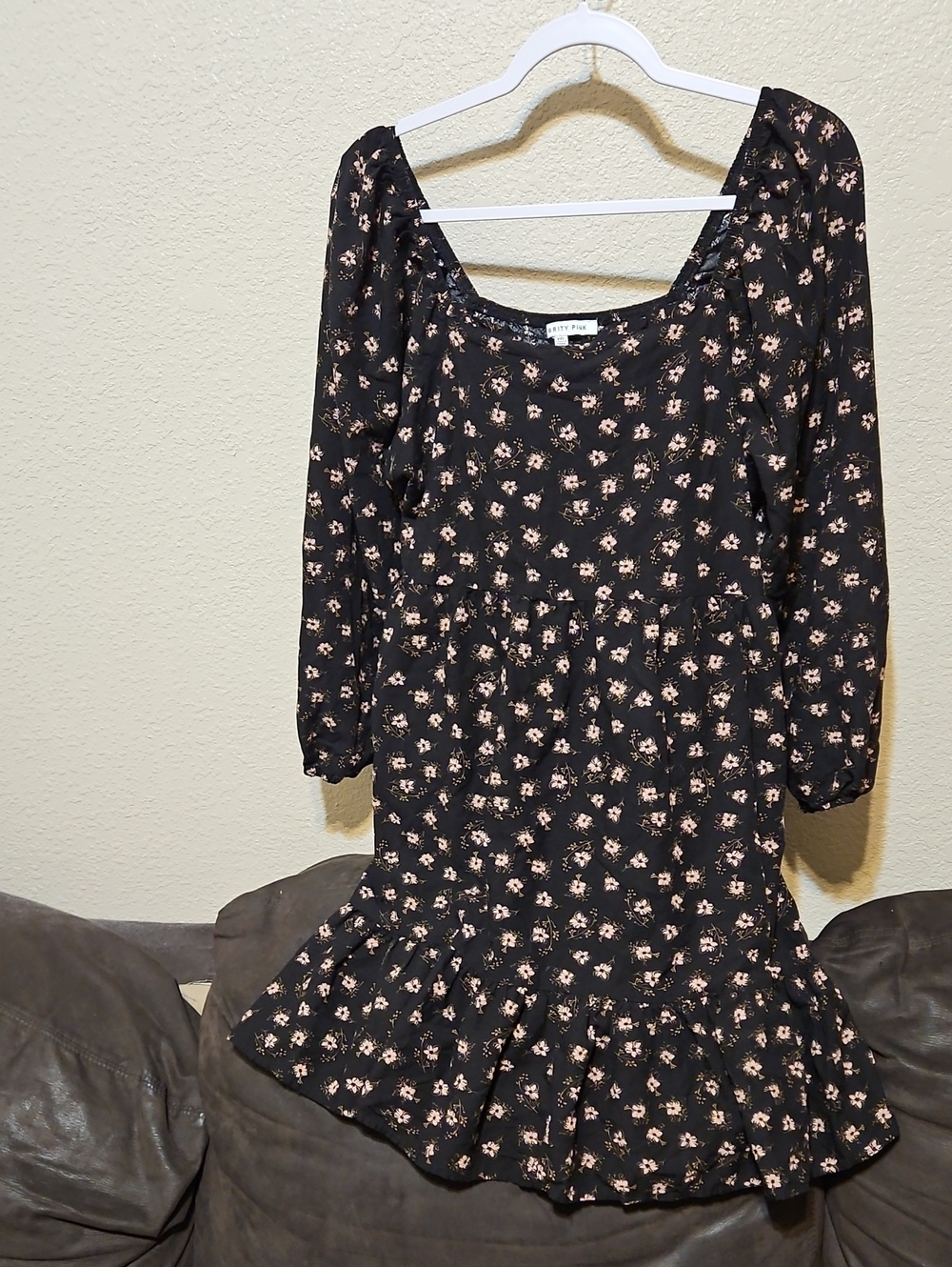 Celebrity Pink Black Mini Dress with Blush Floral Print